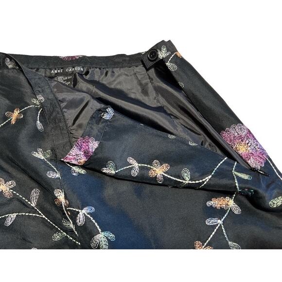 Vtg Anne Carson 100% Pure Silk Floral Embroidered High Waist Pants Size 10 Black - Picture 4 of 9